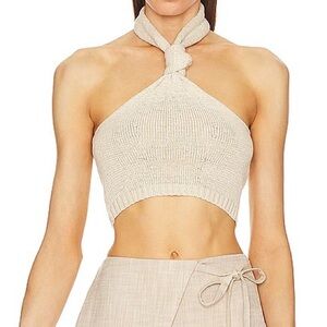 cult gaia Beige Knotted Halter Crop Top